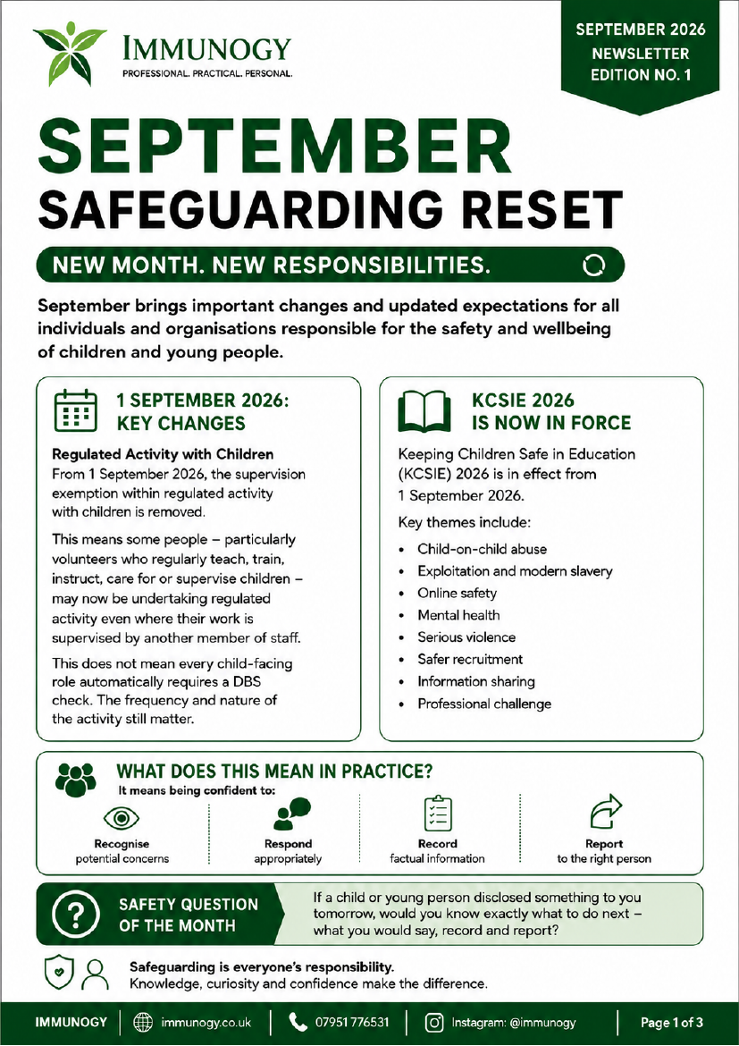 Cover of the Immunogy September 2026 Safeguarding Reset newsletter